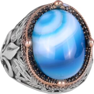 925 Ayar Gümüş El Yapımı Erkek Yüzük - Doğal Mavi Agate Taşlı - Görsel 1