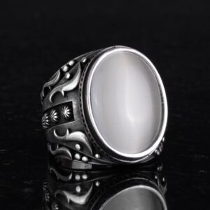 925 Ayar Gümüş Yüzük, Tasarım Gümüş Erkek Yüzüğü (Beyaz Kedi Gözlü Yapay Taş) - Görsel 6