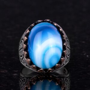 925 Ayar Saf Gümüş Erkek Yüzük - Doğal Taşlarla El Yapımı Şıklık (Mavi Akik Taşı) - Görsel 4