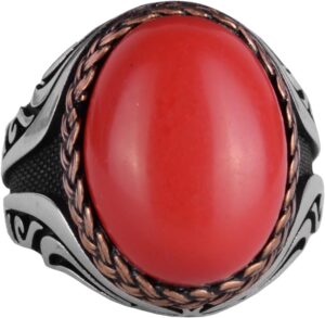 925 Ayar Gümüş Yüzük - Yapay Taş Gümüş Yüzük - El Yapımı Yüzük (Yapay kırmızı mercan) - Görsel 1