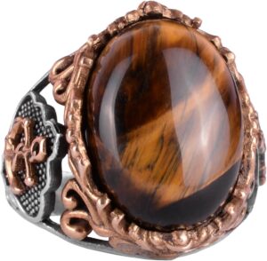 Gerçek Kaplan Gözü Doğal Taş Yüzük, Çapa Yüzüğü, Denizci Erkek Yüzüğü, 925 Ayar Gümüş Yüzük (Kaplan Gözü) - Görsel 1