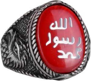 İslami Erkek Yüzük - Kartal Sembolü Yüzük - 925 Ayar Gümüş El Yapımı Erkek Yüzük (Kırmızı) - Görsel 1