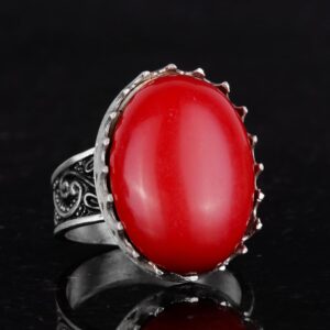 925 Ayar Gümüş Yüzük - Büyük Yüzük - Yapay Taş Gümüş Yüzük - El Yapımı Yüzük (Yapay kırmızı mercan) - Görsel 5