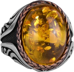 925 Ayar Gümüş Yüzük - Yapay Taş Gümüş Yüzük - El Yapımı Yüzük (Yapay kehribar) - Görsel 1