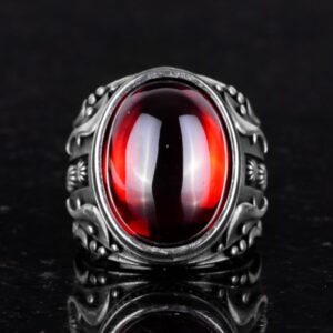 Üretilmiş Taş Yüzük, 925 Ayar Gümüş Yüzük, Tasarım Gümüş Erkek Yüzüğü (Cabochon Üretilmiş Granat Taşı) - Görsel 6