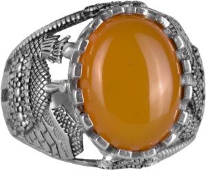 Doğal Sarı Akik Taş Yüzük, 925 Ayar Sert Gümüş İslami Yüzük Erkekler İçin