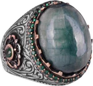 Yapılmış Taş Yüzük - 925 Ayar Gümüş El Yapımı Yüzük - Yapılmış Cabochon Zümrüt Yüzük - Görsel 1