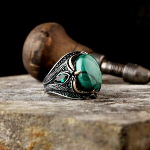 Gerçek Doğal Malakit Taş Yüzük - 925 Ayar Gümüş Erkek Yüzük - Görsel 5
