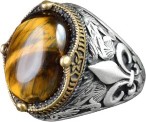 Zambak Desenli Gümüş Yüzük - 925 Ayar Gümüş El Yapımı Erkek Takısı (Kaplan Göz) - Görsel 1