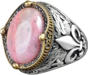 Zambak Desenli Gümüş Yüzük - 925 Ayar Gümüş El Yapımı Erkek Takısı (Rhodonit) - Görsel 1