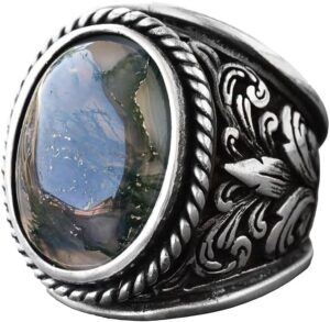 925 Ayar Gümüş Yüzükler - Doğal Agat Taşı (Moss Agate) - Görsel 1