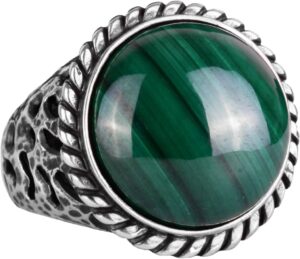 Gerçek Doğal Taş Yüzük - 925 Ayar Sert Gümüş Erkek Yüzüğü ile Malakit - Görsel 1