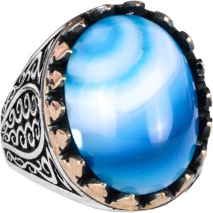 925 Ayar Saf Gümüş Erkek Yüzük - Doğal Taşlarla El Yapımı Şıklık (Mavi Akik Taşı) - Görsel 1