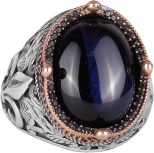 925 Ayar Gümüş Yüzükler Premium Üretilmiş Taşlarla (Koyu Mavi Kedi Gözlü Üretilmiş Taş) - Görsel 1