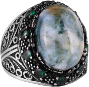 Gerçek Doğal Saman Agat Taş Yüzük - 925 Ayar Gümüş Erkek Takısı - El Yapımı Yüzük - Görsel 1