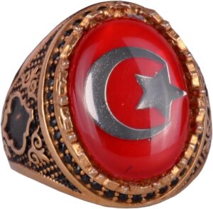 925 Ayar Gümüş Altın Kaplama Erkek Yüzük - Hilal ve Yıldız Tasarımı (Kırmızı)