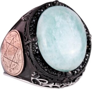 Doğal Cabochon Amazonit Taş Yüzük, Sürekli 925K Katı Gümüş Erkek Yüzüğü - Süleyman Mührü Gümüş Yüzük - Görsel 1