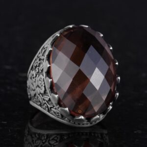 925 Ayar Gümüş Yüzük - Gül Desenli Yüzük - Yapay Taş Yüzük Erkekler İçin - El Yapımı Yüzük (Yapay sultanit) - Görsel 5