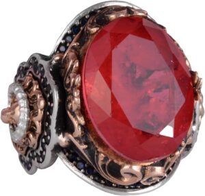 925 Ayar Gümüş Yüzük, Kırmızı Paraiba Yapay Taş Yüzük, Aslan Sembol Yüzük - Görsel 1