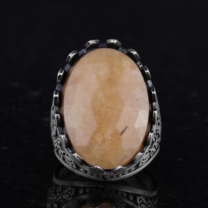 Gerçek Doğal Taş Yüzük - Gül Desenli Yüzük - 925 Ayar Gümüş Yüzük - El Yapımı Büyük Yüzük (Sarı Safir) - Görsel 3