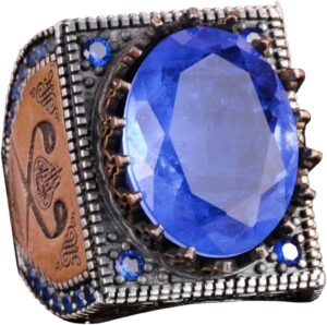 925 Ayar Gümüş İslami Yüzük, Yapay Taş Yüzük, El Yapımı Hat Yazısı Yüzük (Yapay Lacivert Paraiba) - Görsel 1