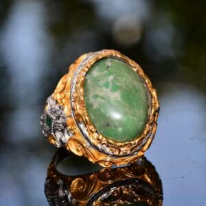 Gerçek Doğal Kriyospras Taşlı Yüzük, Sterlin Gümüş Erkek Yüzüğü, Altın Kaplama - Görsel 3