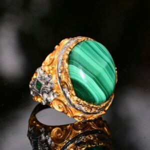 Doğal Malakit Taşı, 925 Ayar Gümüş Büyük Yüzük, Malakit Yüzük, Altın Kaplama - Görsel 3