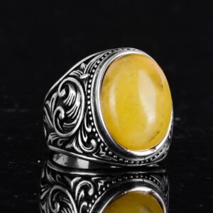 925 Ayar Katı Gümüş Yüzük - Doğal Sarı Akik Taşlı Yüzük, Tasarım Gümüş Erkek Yüzüğü - Görsel 6