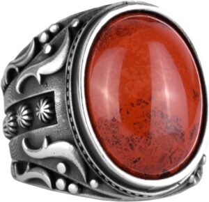 Doğal Kırmızı Kan Taşı Yüzük, 925 Ayar Sert Gümüş Yüzük, Tasarım Gümüş Erkek Yüzüğü - Görsel 1