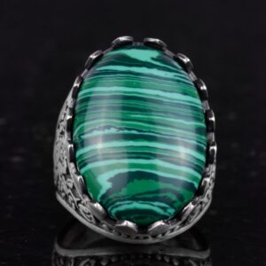 Gerçek Doğal Taş Yüzük - Gül Desenli Yüzük - 925 Ayar Gümüş Yüzük - El Yapımı Büyük Yüzük (Malaşit) - Görsel 4