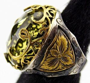 925 Ayar Gümüş Osmanlı İmparatoru Takı VAV Desenli Erkek veya Kadın Yüzük, Yapay Sitrin Taşı - Görsel 4