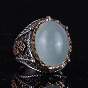 Doğal Cabochon Akuamarin Taş Yüzük, Huzurlu 925K Katı Gümüş Erkek Yüzüğü, Sakin Deniz Tasarımı - Görsel 2