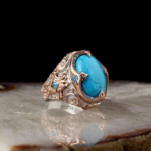 Erkekler için Yapay Turkuaz Taş Yüzük, 925 Ayar Gümüş El Yapımı Detaylı Tasarım - Görsel 4