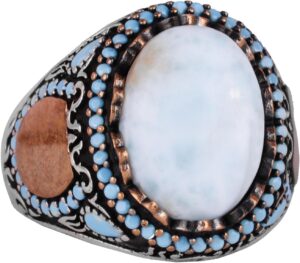 Gerçek Doğal Taş Yüzük - El Yapımı Yüzük - İşlenmiş 925 Ayar Gümüş Yüzük (Larimar) - Görsel 1