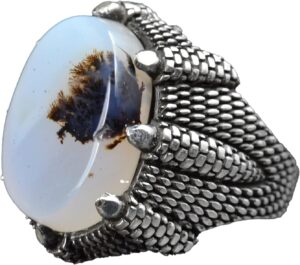 Sterling Gümüş Erkek Yüzük, Gerçek Yemen Ağaç Agat Taşı Yüzük, Kartal Pençesi Tasarımı - Görsel 1