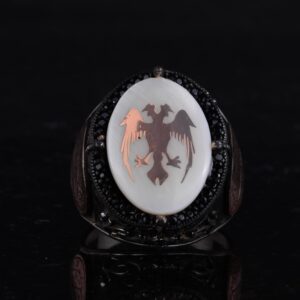 Doğal İnci Taşlı Yüzük - 925 Ayar Gümüş El Yapımı Erkek Yüzüğü - İki Başlı Kartal Tasarımı - Görsel 4