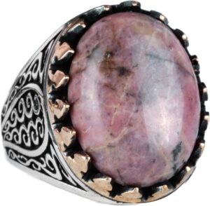 925 Ayar Katı Gümüş Erkek Yüzük Doğal Taşlarla - El Yapımı Şıklık (Rhodonit Taşı) - Görsel 1