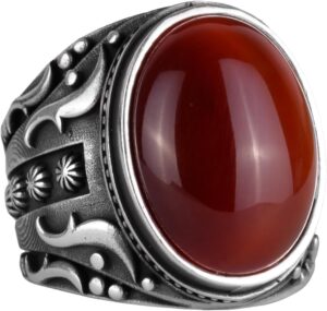 El Yapımı Gerçek Doğal Kırmızı Akik Taş Yüzük, 925 Ayar Gümüş Yüzük Erkekler İçin, Tasarım Gümüş Erkek Yüzüğü