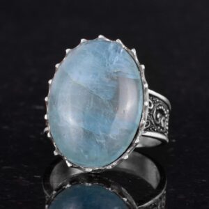Gerçek Doğal Taş Yüzük - 925 Ayar Gümüş Büyük Yüzük - El Yapımı Yüzük (Aquamarine) - Görsel 6