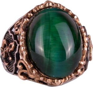 Gümüş Halka Kaptan Yüzük, Yapay Taş Yüzük, 925 Ayar Sterlin Gümüş Yapay Taş Yüzükler - Farklı ve Çeşitli Koleksiyon (Koyu Yeşil Kedi Göz Yapay Taş) - Görsel 1