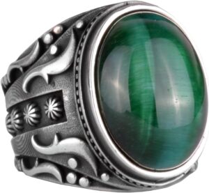 Yeşil Kedi Gözü Yapay Taş Yüzük, 925 Ayar Gümüş Yüzük, Tasarım Gümüş Erkek Yüzüğü - Görsel 1