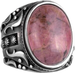 El Yapımı Gerçek Doğal Rodonit Pembe Taşı Yüzük, 925 Ayar Gümüş Yüzük, Erkek Yüzüğü - Görsel 1