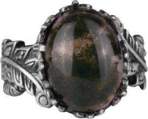 Gerçek Doğal Moss Agat Taşlı Gümüş Bayan Yüzük, Vintage Bohem Tasarım - Görsel 1