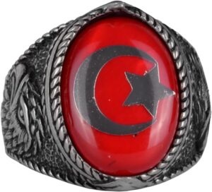 Erkek Ay Yıldız Kartal Yüzük - 925 Ayar Gümüş Yüzük - Hilal ve Yıldız Tasarımı - Türk Ay Yıldız Bayrağı Kartal Tasarım Yüzük (Kırmızı)