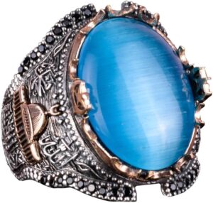 İslami Camii 925 Ayar Gümüş Erkek Yüzük, Açık Mavi Kedi Gözü Oluşan Taş Yüzük - Görsel 1