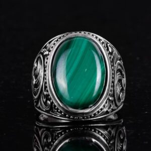 925 Ayar Katı Gümüş Erkek Yüzük, El Yapımı Malakit Taş Yüzük - Görsel 4