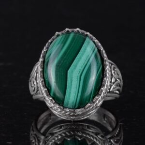 El Yapımı Malakit Taş Yüzük - Canlı 925K Katı Gümüş Erkek Yüzüğü - Görsel 2