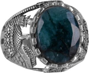 Doğal Zümrüt Taşlı Yüzük, 925 Ayar Katı Gümüş Erkek İslami Yüzük