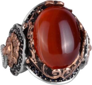 Doğal Kırmızı Akik Taş Yüzük, Aslan Başı Erkek Yüzüğü - 925 Ayar Gümüş Yüzük Erkekler İçin - Görsel 1