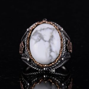Gerçek Doğal Howlite Taş Yüzük, 925 Ayar Katı Gümüş Erkek Yüzüğü - Görsel 5